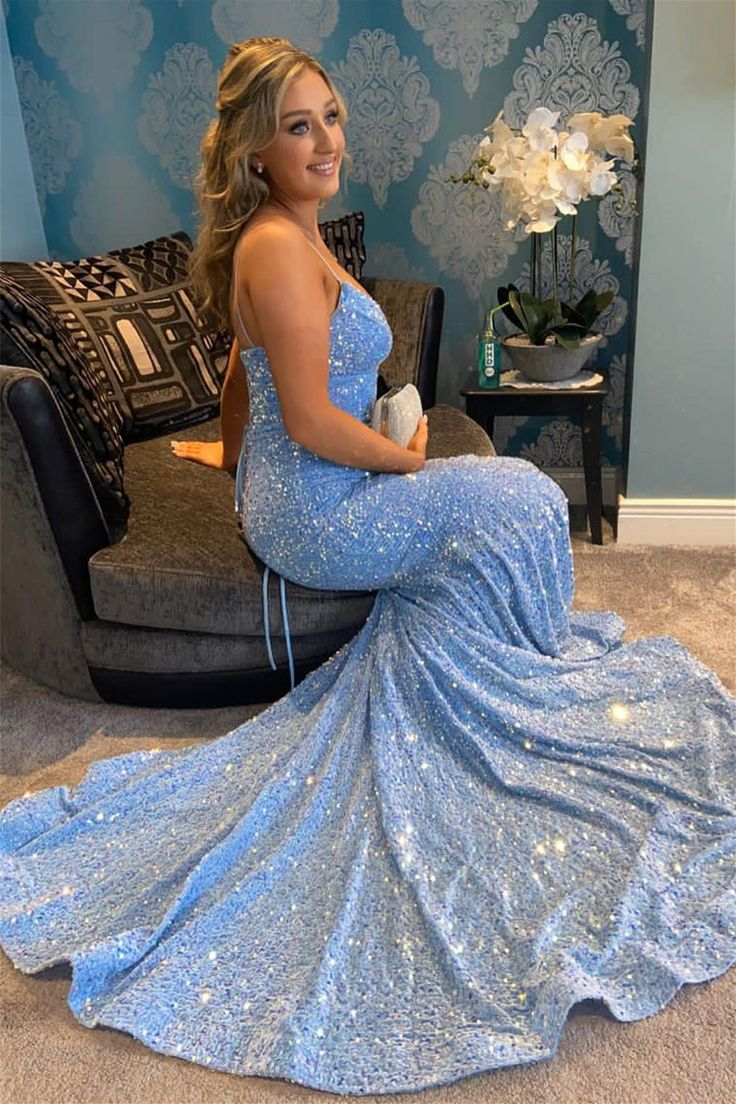 Light Blue V Neck Mermaid Sequins Fitted Prom Dress Y6162