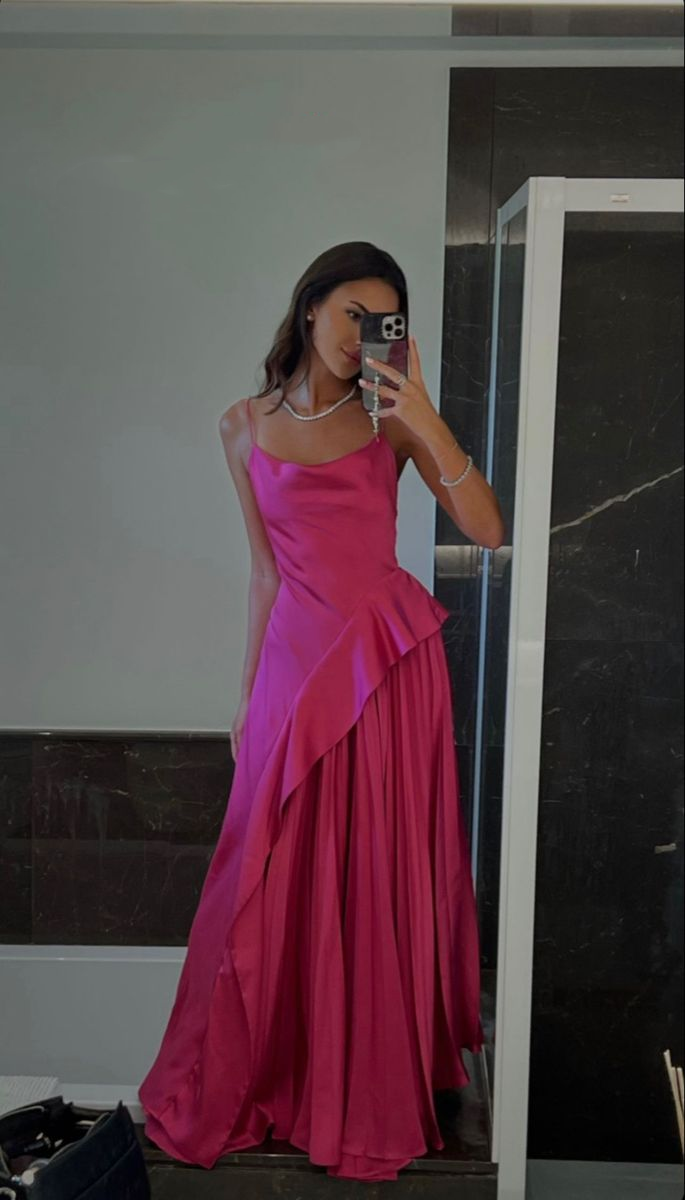 Charming Spaghetti Straps Hot Pink Satin Pleated A Line Long Evening Gown Formal Wedding Guest Dress SP335