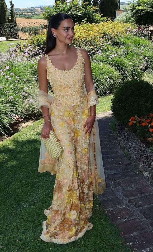 Gorgeous Yellow Lace Floral Mermaid Long Prom Dress Formal Party Gown With Ribbon SP271