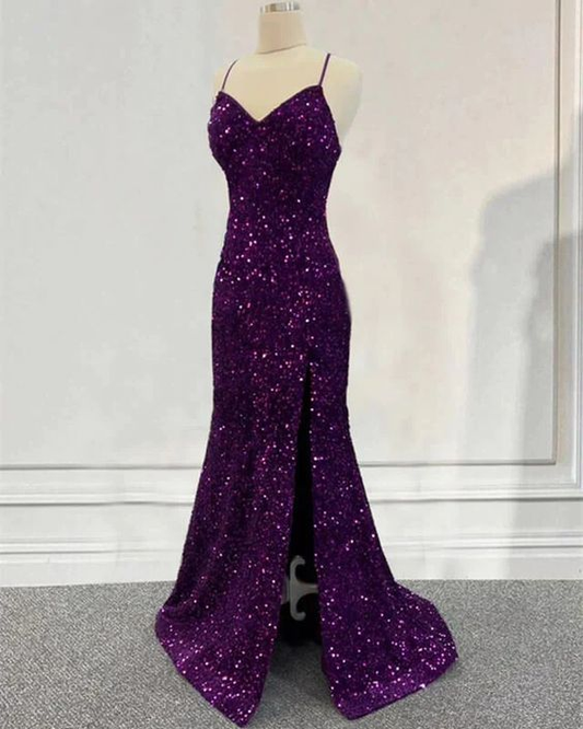 Dark Purple Prom Dress Sequin Mermaid Formal Evening Dress Split Y7212