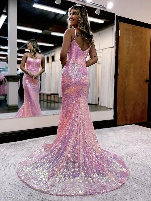 Mermaid/Trumpet Prom Dresses Sparkle & Shine Dress Formal Court Train Sleeveless Spaghetti Strap Sequined V Back with Sequin Y6086