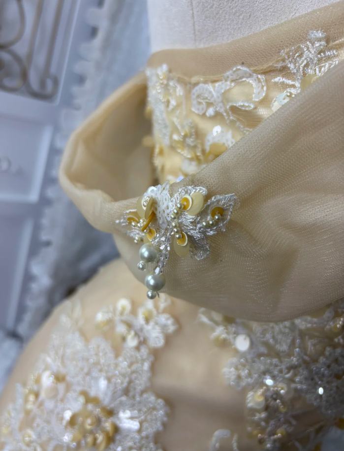 Charming Off The Shoulder Tulle Appliques Beaded Party Dress Yellow Mermaid Long Prom Gown SP1775