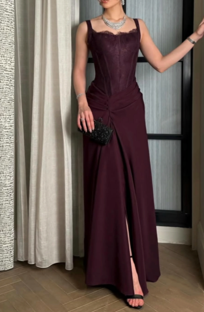 Elegant Spaghetti Straps Burgundy Lace Satin Slit Mermaid Long Party Dress Birthday Prom Dresses SP1224