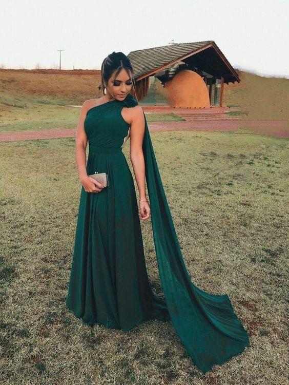 Green Chiffon One Shoulder Evening Dress  Y5774