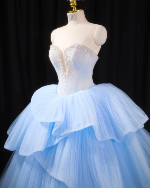Pretty Blue Princess Ball Gown Strapless Tulle Beaded Sweet 16 Dress Quinceanera Dress SP2231