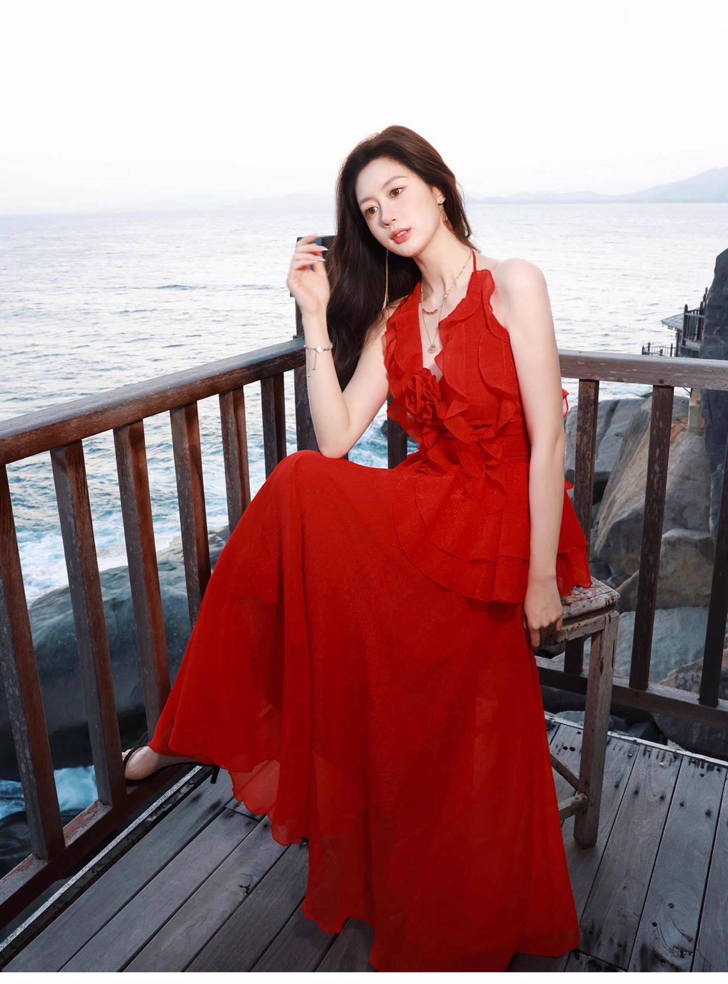 Sexy Red Halter Chiffon Ruffles Long Party Dress Prom Dress SP1973