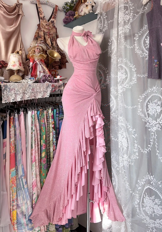 Classy Pink Halter Satin Ruffles Mermaid Long Party Dress 20th Birthday Outfits SP1718