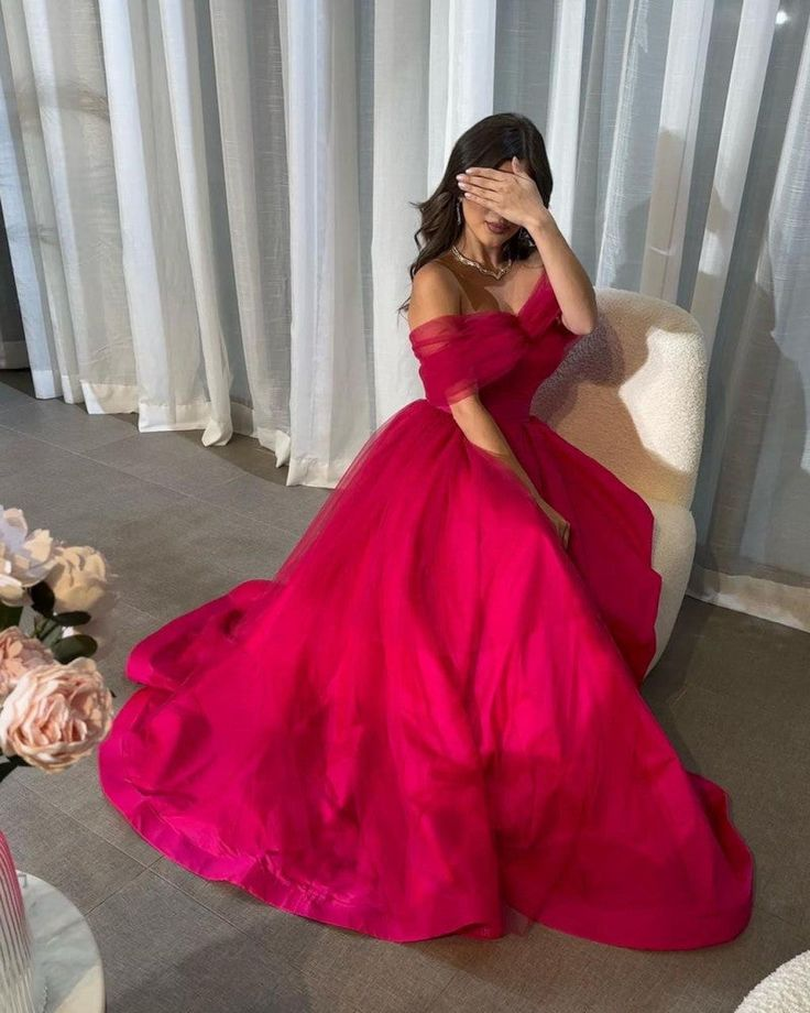 Off The Shoulder Hot Pink A-Line Evening Prom Dress Y6554