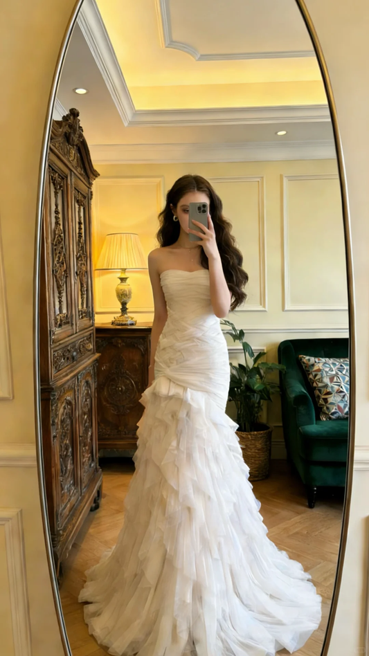 Classy Strapless White Tulle Pleated Layered Mermaid Long Wedding Dress Formal Bridal Dress SP2056