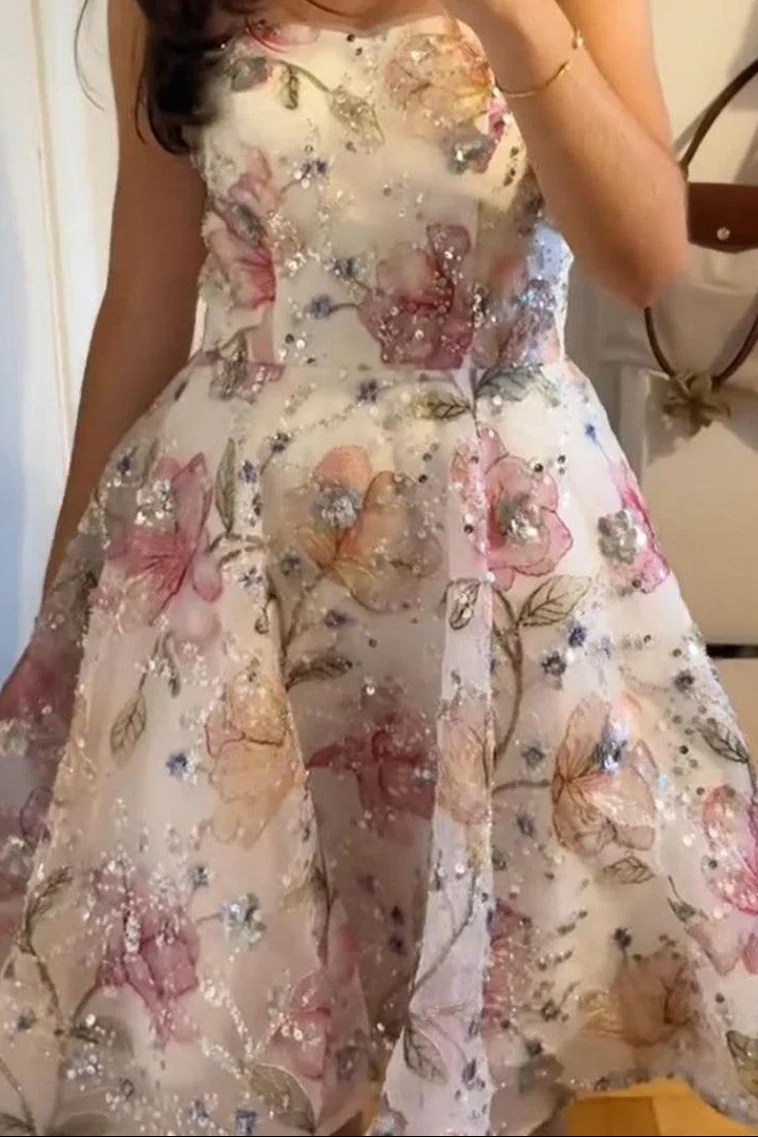 Pretty Strapless Floral Sequin A-Line Homecoming Dress Short Prom Dress SP3884
