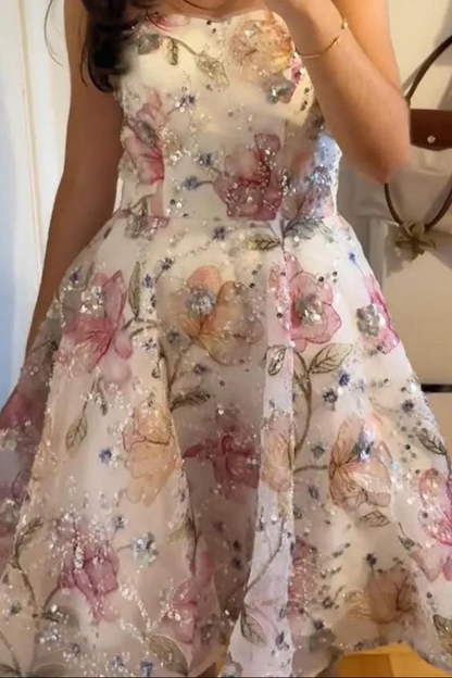 Pretty Strapless Floral Sequin A-Line Homecoming Dress Short Prom Dress SP3884