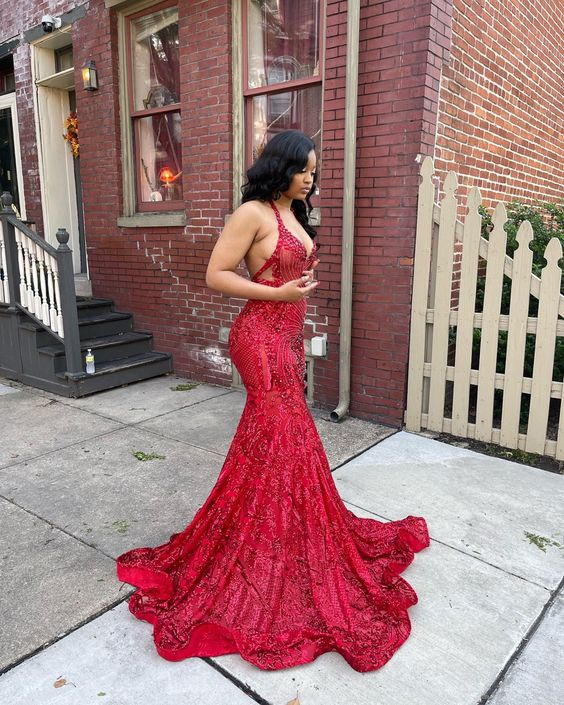 Luxurious Red Mermaid Sleeveless Prom Dress,Red Glam Dress Y6696