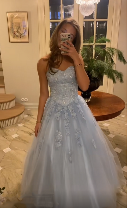 Fairy Blue Strapless Tulle Appliques Beaded A Line Long Prom Dress Birthday Party Dress SP2111