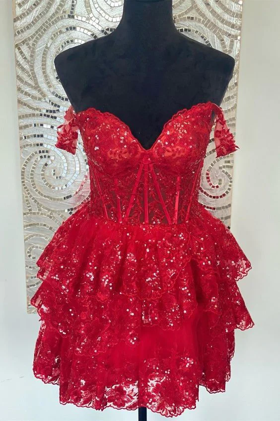 Red Off the Shoulder Sheer Corset Tiered Ruffles Homecoming Dress Y2822