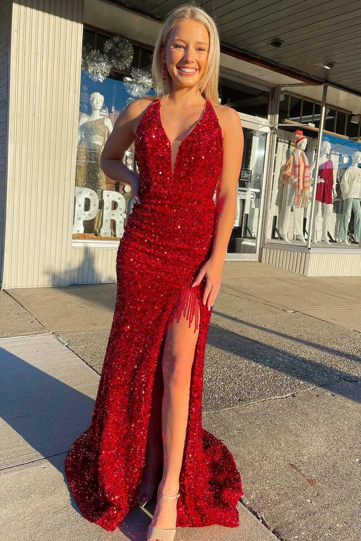 Red Sequin Fringe Mermaid Long Prom Dress with Slit Y5968