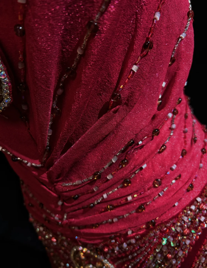 Elegant Halter V Neck Red Satin Beaded Mermaid Prom Dress Long Backless Birthday Party Gowns SP1862