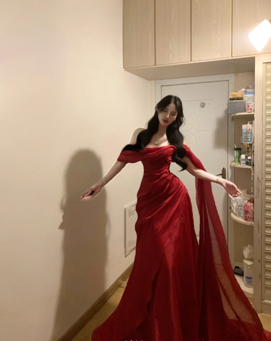Charming Red Off The Shoulder Tulle Mermaid Long Guest Dress Party Dress SP285