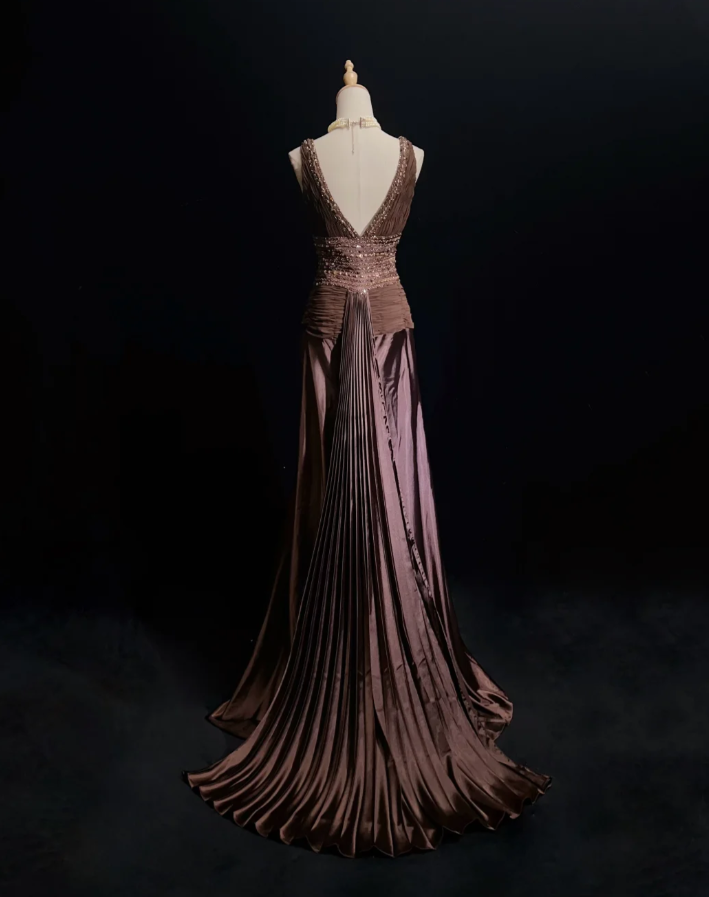 Vintage Brown Satin Chiffon Beaded Mermaid Long Party Dress Birthday Prom Dress SP1860