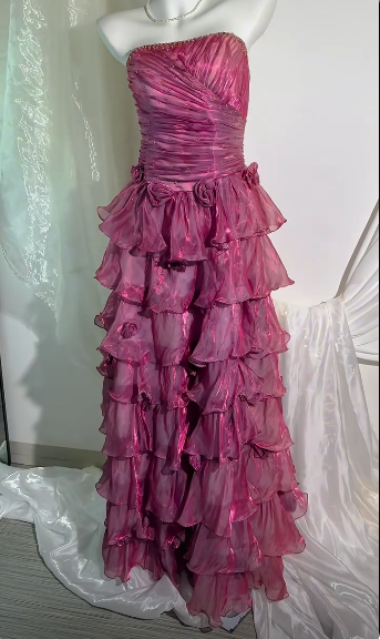 Glamorous Strapless Tulle Beaded Ruffle Layered Long Party Dress Fuchsia Long Evening Dress SP3739