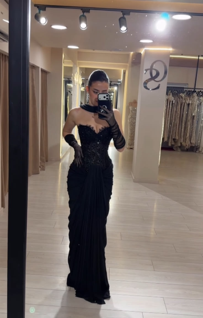 Sexy Black Chiffon Pleated Beaded Sheath Long Party Dress Prom Gown SP4002