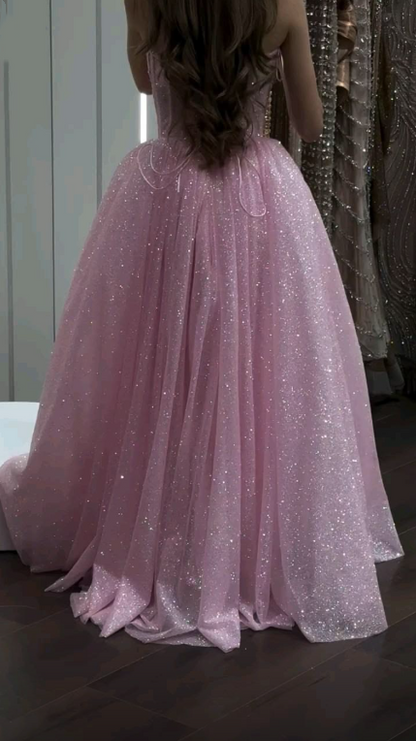 Shiny Sweetheart Neck Tulle Sequin A Line Long Wedding Guest Dress Pink Long Party Dress SP3742