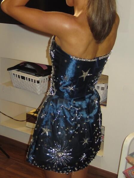 Gorgeous Navy Blue Satin Beaded A Line Short Homecoming Dress,Strapless Short Prom Dress SP3456