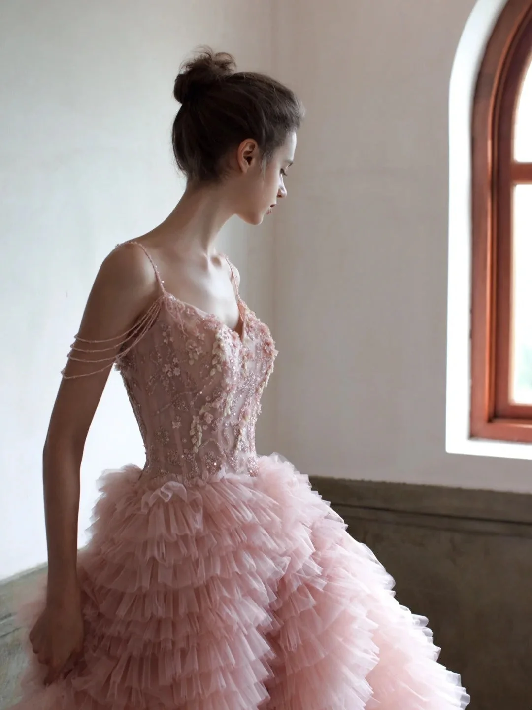 Glamorous Pink Tulle Pleated Tiered Long Party Dress Birthday Prom Dress With Sequins SP4133
