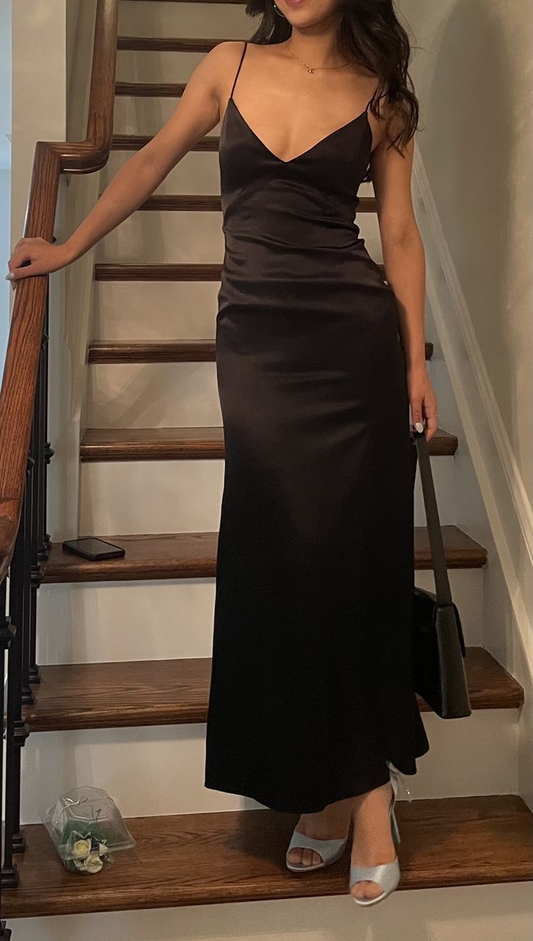 Simple Spaghetti Straps Black V Neck Satin Long Wedding Guest Dress Evening Dress SP937