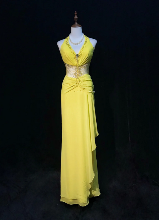 Sexy Yellow Halter V Neck Chiffon Beaded Mermaid Evening Dress Backless Long Prom Gowns SP1967