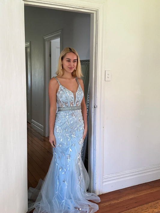 Classy Spaghetti Straps Sky Blue Tulle Appliques Beaded Mermaid Prom Dress Long Party Dress SP419