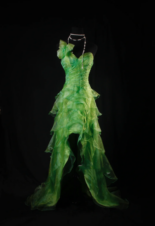 Unique Green One Shoulder Organza Layered Ruffles Long Evening Dress Birthday Dress SP1695