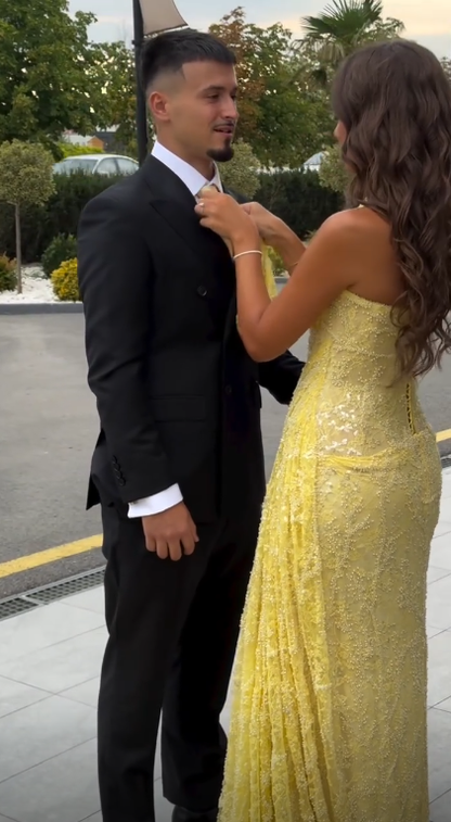 Sexy Halter V Neck Lace Slit Mermaid Long Prom Dress Yellow Long Birthday Party Gowns SP3628