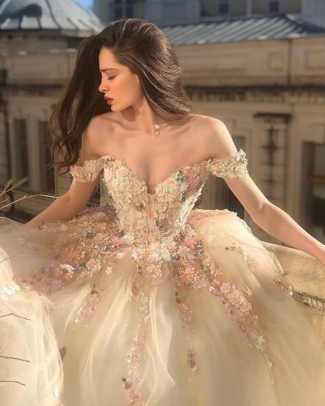 Gorgeous Off Shoulder Champagne Lace Floral Prom Dress, Long 3D Flower Champagne Formal Evening Dress, Champagne Ball Gown S20716