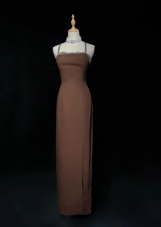 Stylish Spaghetti Straps Brown Satin Beaded Slit Long wedding Guest Dress Formal Evening Dress SP1970