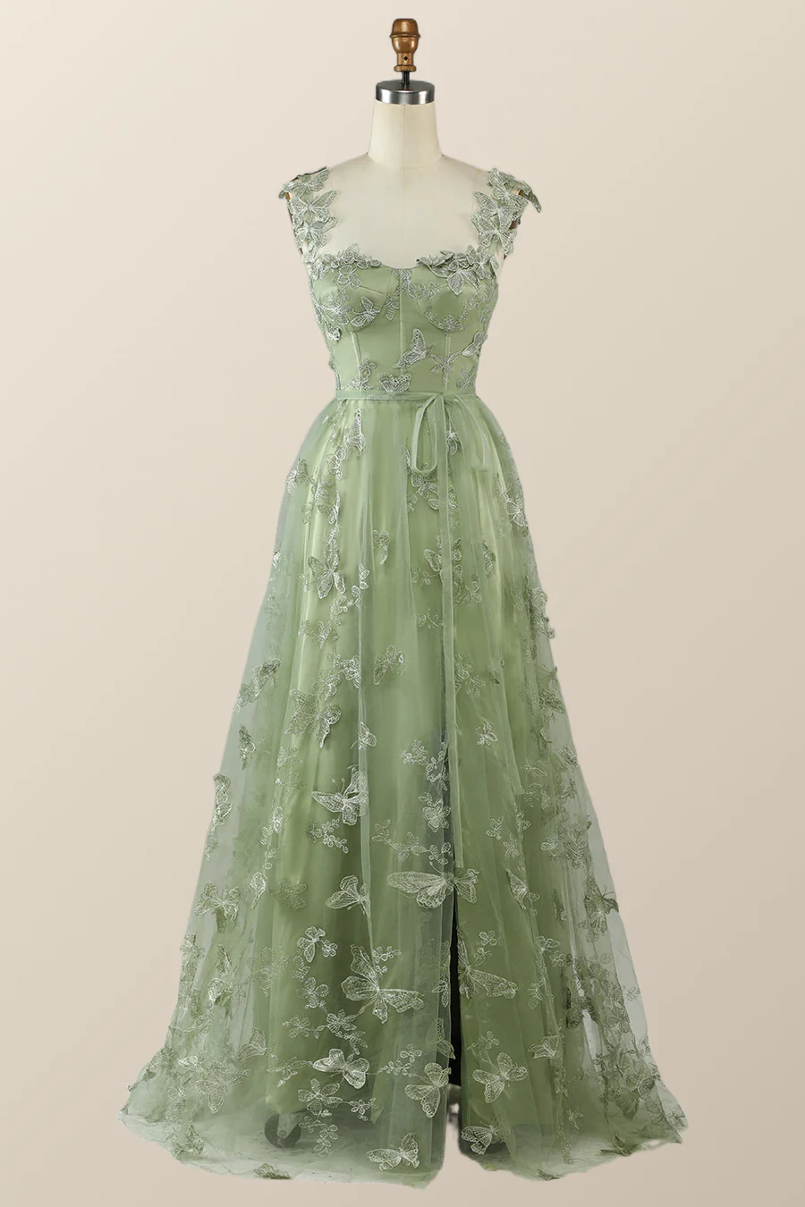 Sage Green Butterfly A-line Long Formal Dress Evening Dress  Y2801