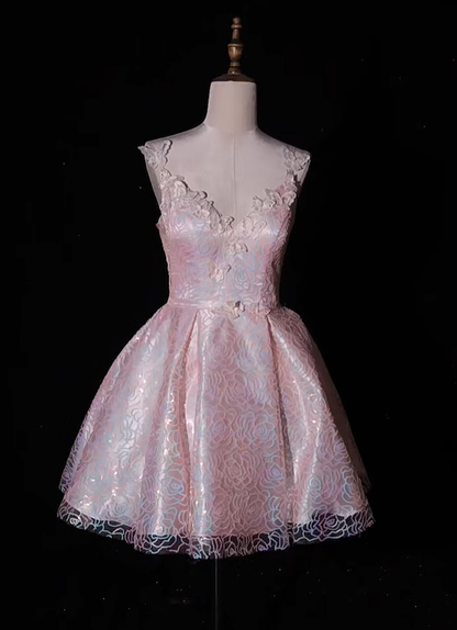 Sweet Pink Satin Appliques A Line Short Birthday Outfits Formal Homecoming Dress Y9294