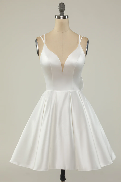 White Satin A-line Graduation Dress,White Short Homecoming Dress  Y1849