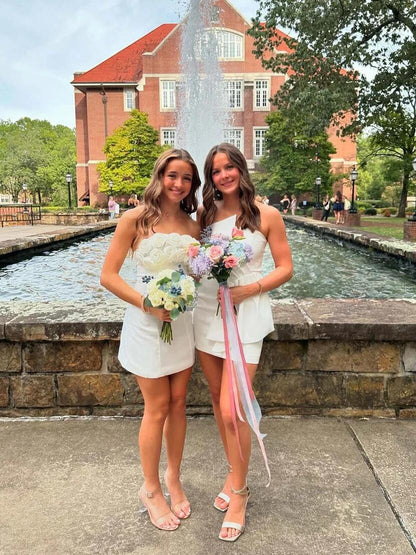 Elegant 3D Floral Strapless Satin Short Prom Dress,White Sheath Short Graduation Homecoming Dress SP3451