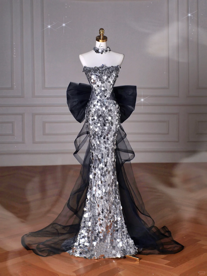 Black Glitter Sequins Tulle Mermaid Prom Dress,Strapless Evening Dress With Bow Y8615