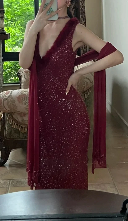 Sparkly Burgundy Sequin Long Party Dress V Neck Mermaid Long Birthday Prom Dresses SP3850