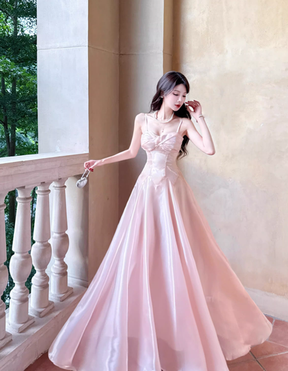 Sweet Spaghetti Straps Pink Satin Long Party Dress Birthday Dress SP1984