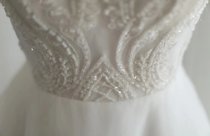 Pretty Halter Sleeveless White Tulle Beaded Long Mermaid Wedding Dress Formal Bridal Dress SP1168