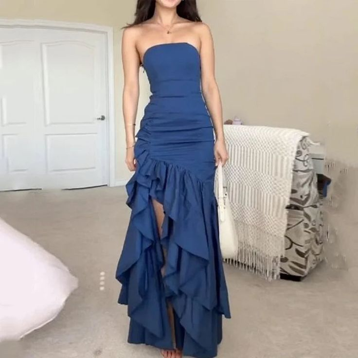 Trendy Strapless Pleated Ruffle Irregular Prom Dress Y5929