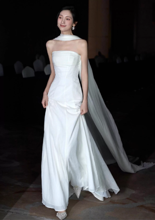 Pretty White Strapless Tulle Mermaid Long Wedding Dress Bridal Gowns With Ribbon SP2017