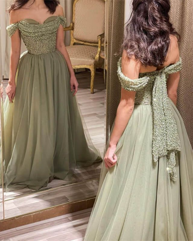 Beautiful Long Green A-line Off-the-shoulder Sequined Beading Prom Dress Y5841