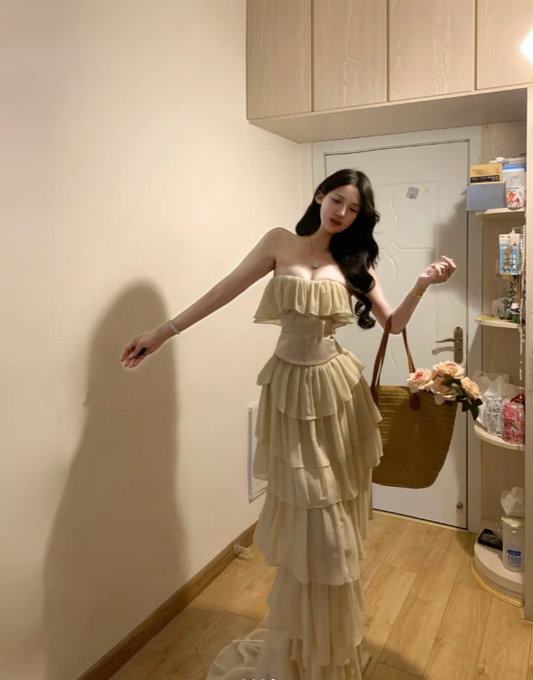 Classy Strapless Apricot Chiffon Layered Long Prom Gown Formal Guest Dress SP286