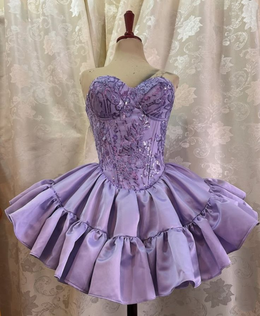 Pretty Sweetheart Neck Lavender Satin Sequin Short Homecoming Dress Birthday Dress SP2858
