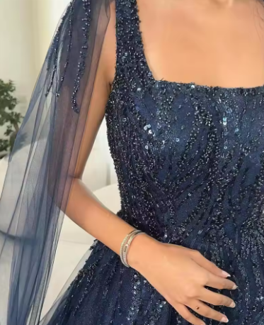 Navy Blue Glitter Square Neck Tulle Long Sleeves Luxury Ball Gown  Y4883