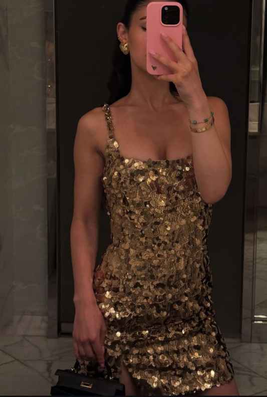 Gorgeous Spaghetti Straps Gold Sequin Short Cocktail Dress,Formal Graduation Homecoming Dress SP2999