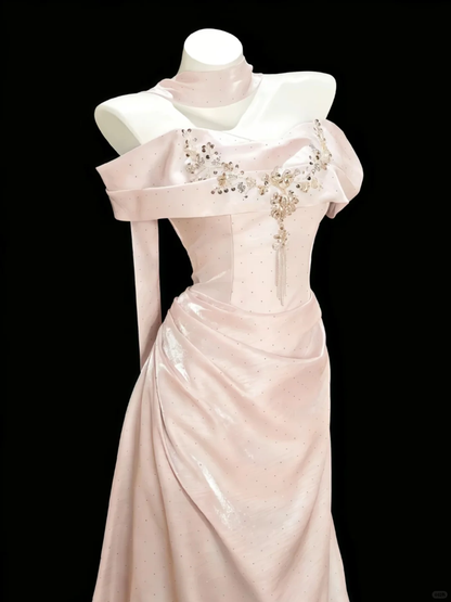 Elegant Pink Satin Beaded Mermaid Long Party Dress Birthday Prom Dress SP2537